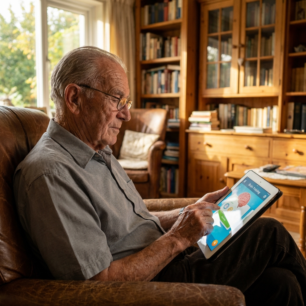 Senior man practicing memory games